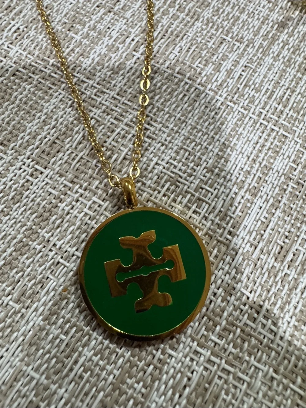 Tory Burch Green Enamel and Gold Logo Necklace, Bracelet & Earrings Set